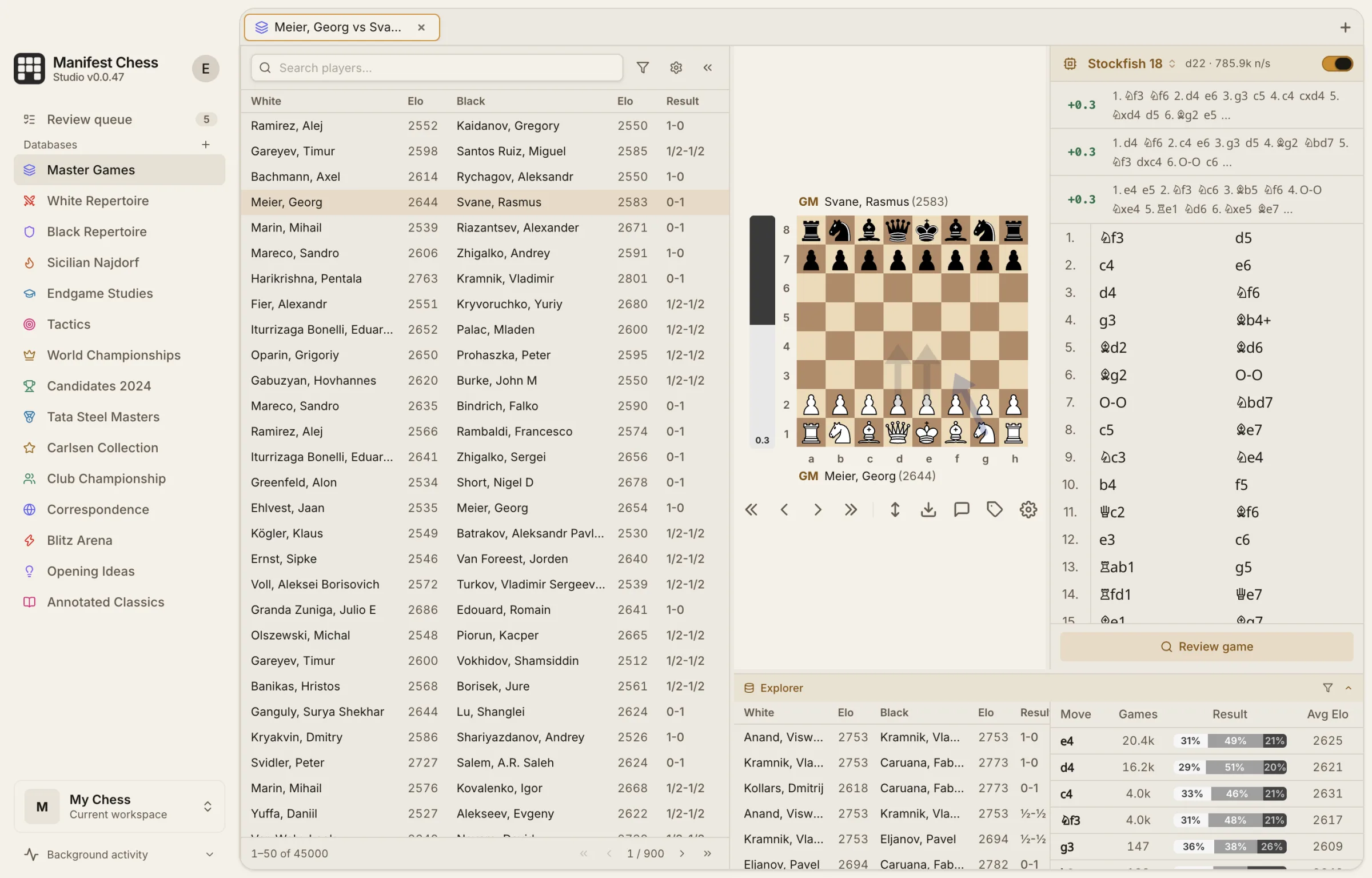 Manifest Chess Studio showing a Master Games database of 45,000 games beside the board, engine lines, and position explorer