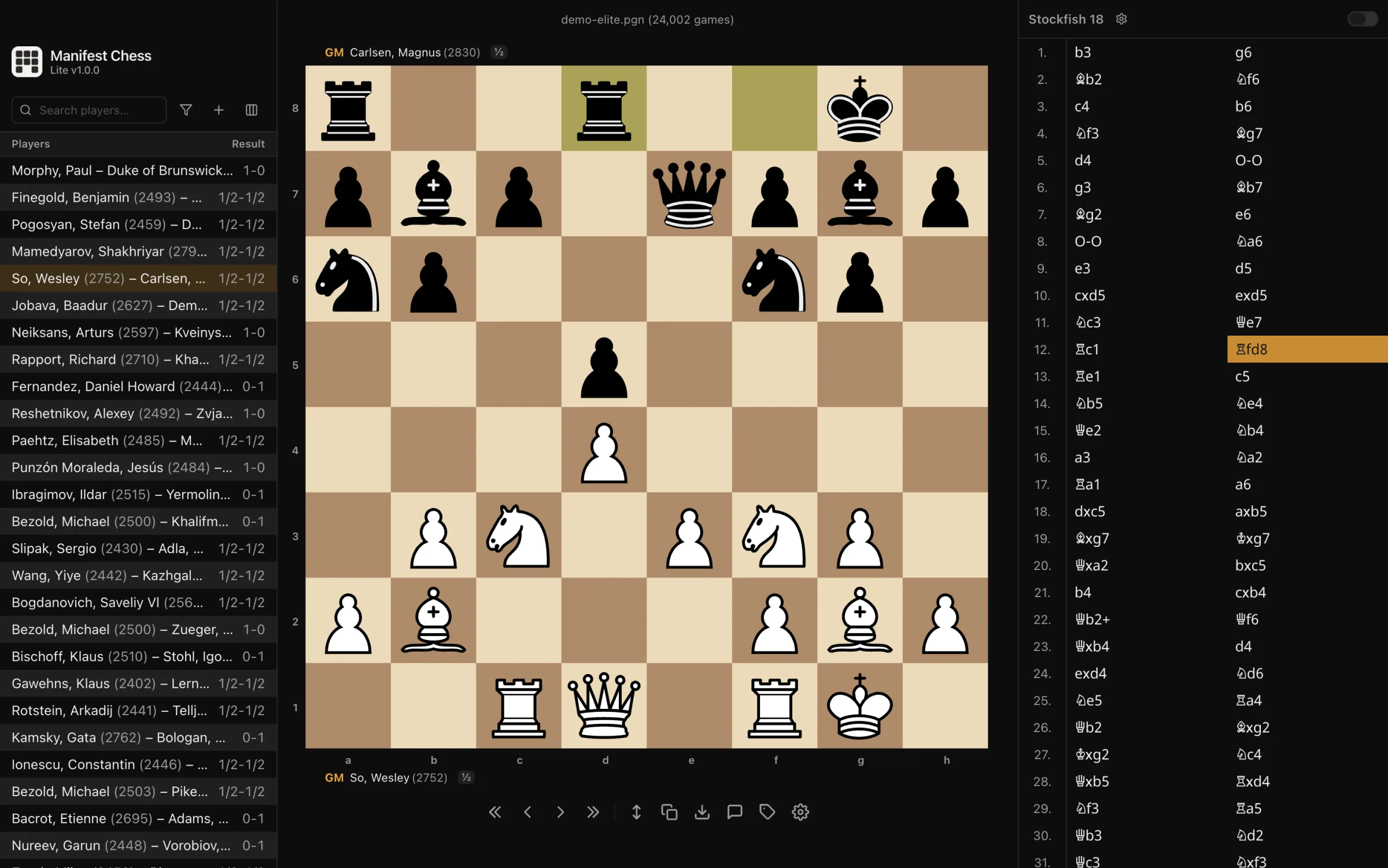 Manifest Chess Lite with a PGN file of 24,002 games open: game list, board, and Stockfish analysis side by side