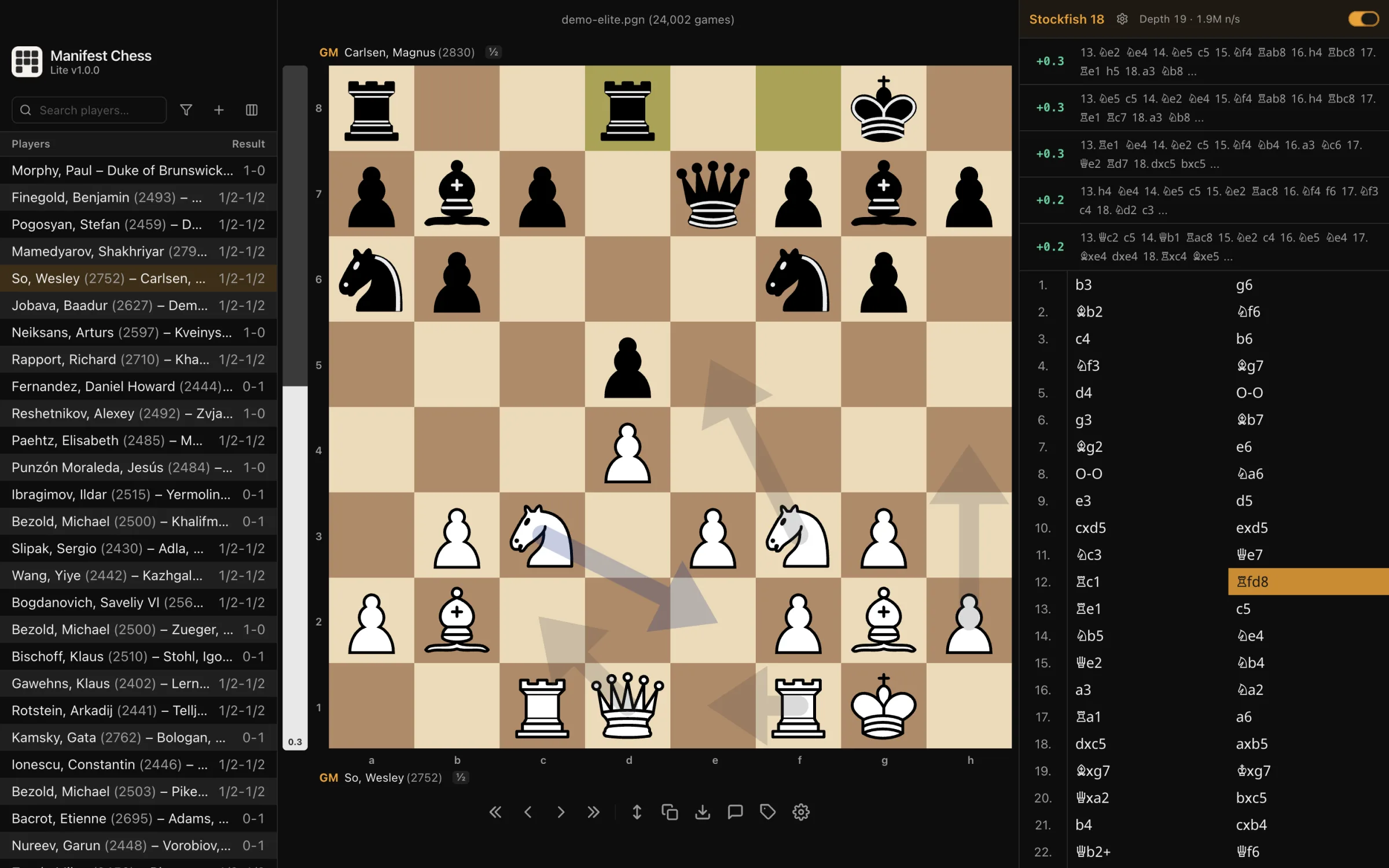 Built-in Stockfish analysis in Manifest Chess Lite showing multiple engine lines beside the board