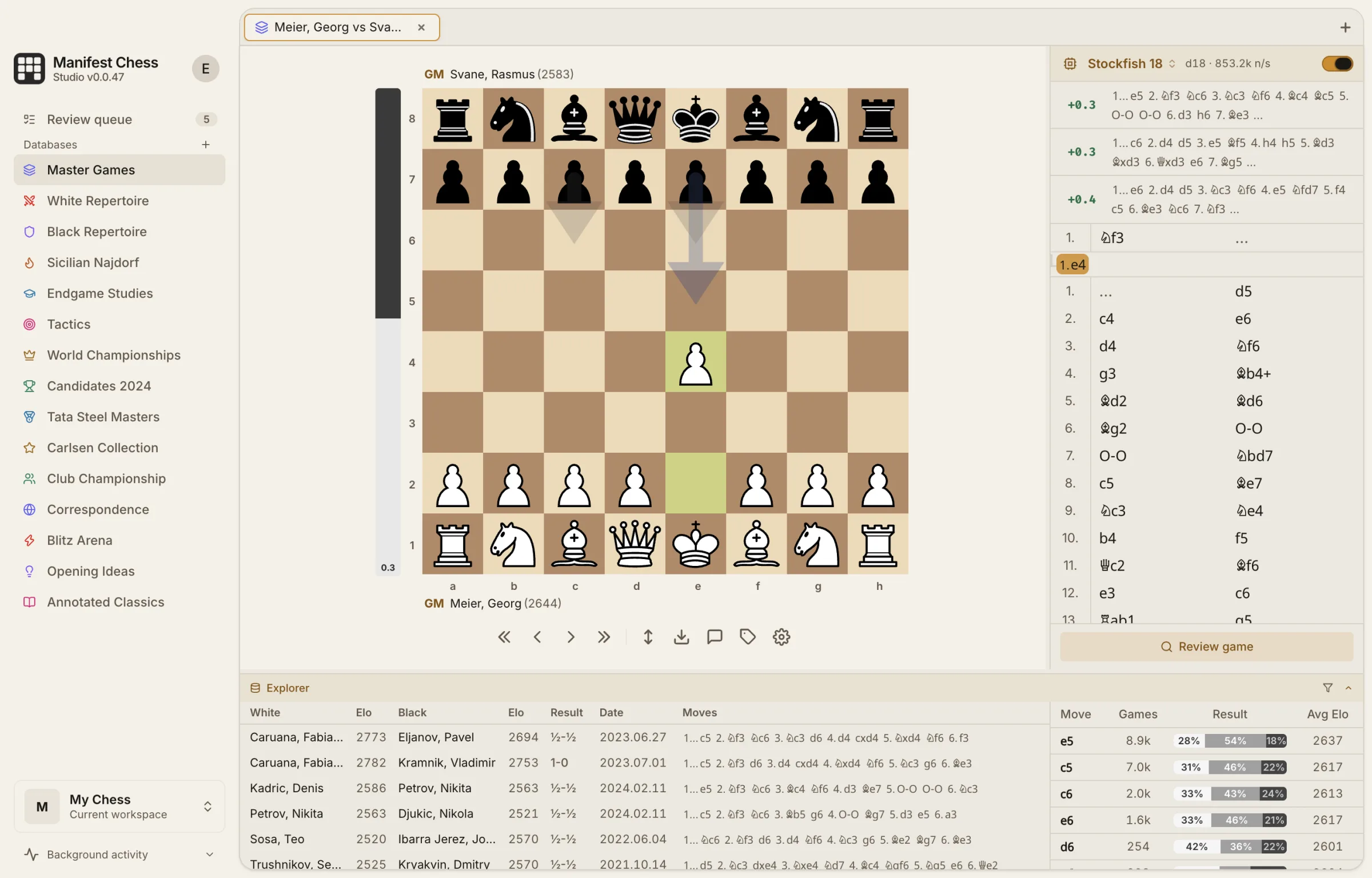 The position explorer in Manifest Chess Studio listing every move played from the current position with win, draw, and loss percentages