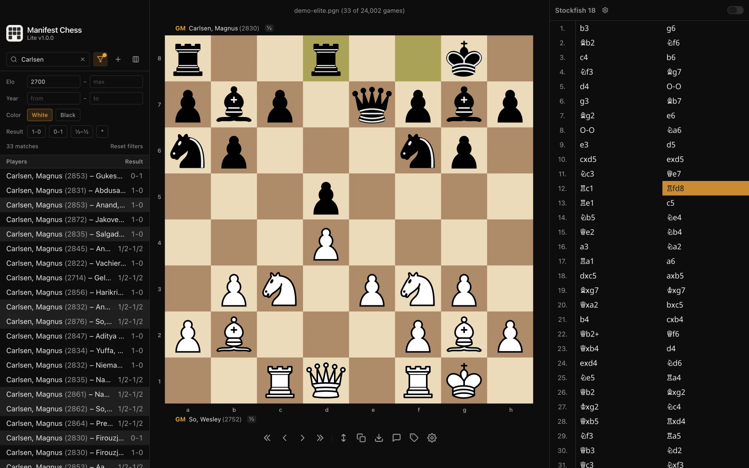 Filtering thousands of games by player in Manifest Chess Lite