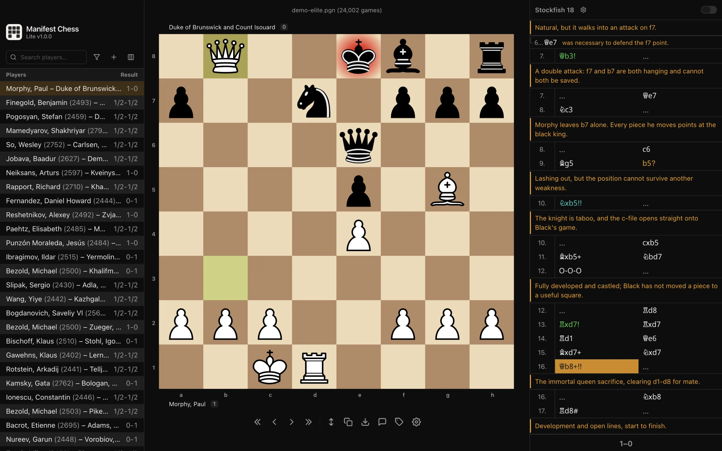 Annotating a game in Manifest Chess Lite with comments, variations, and symbols