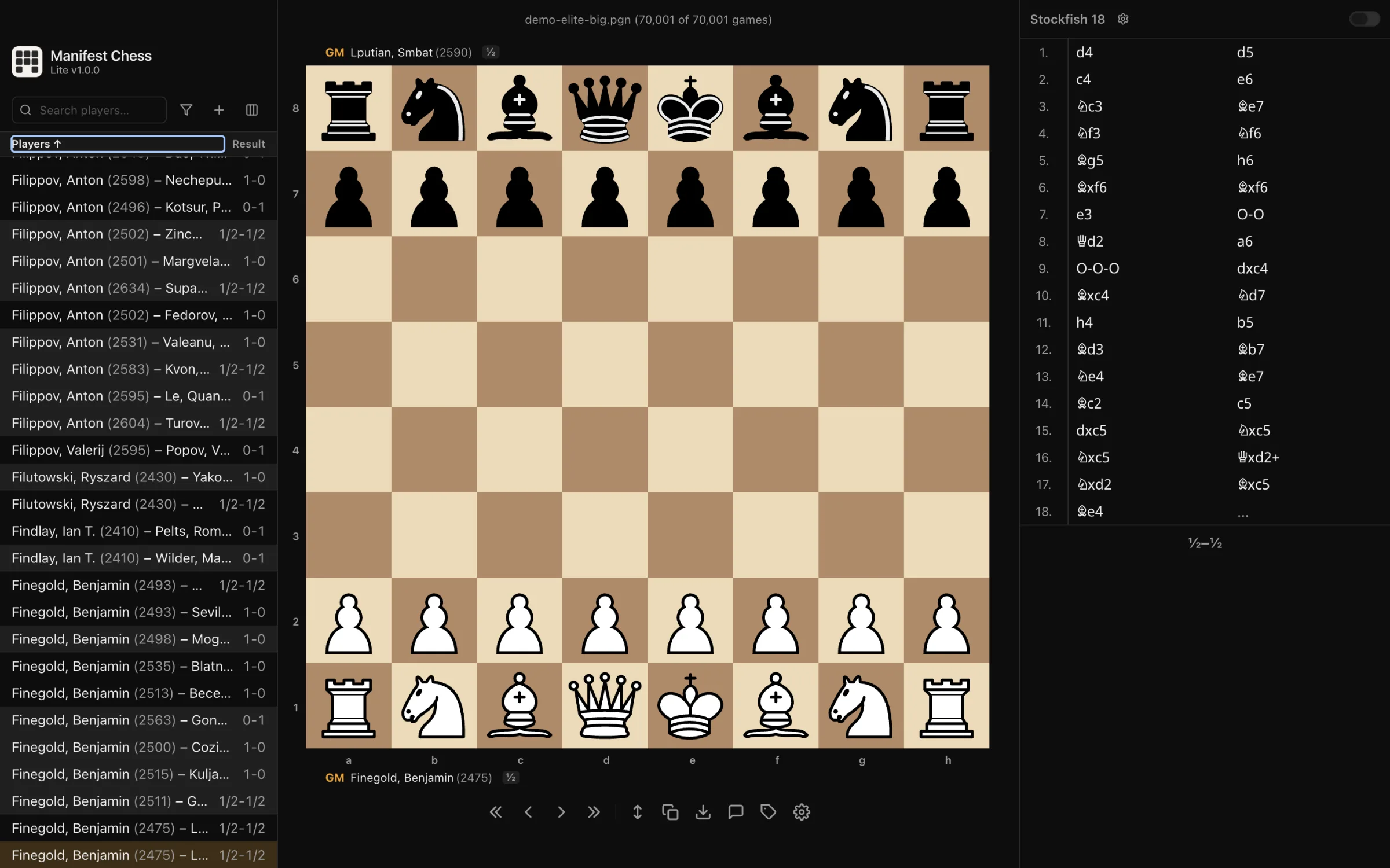 A very large PGN database open in Manifest Chess Lite, scrolling smoothly