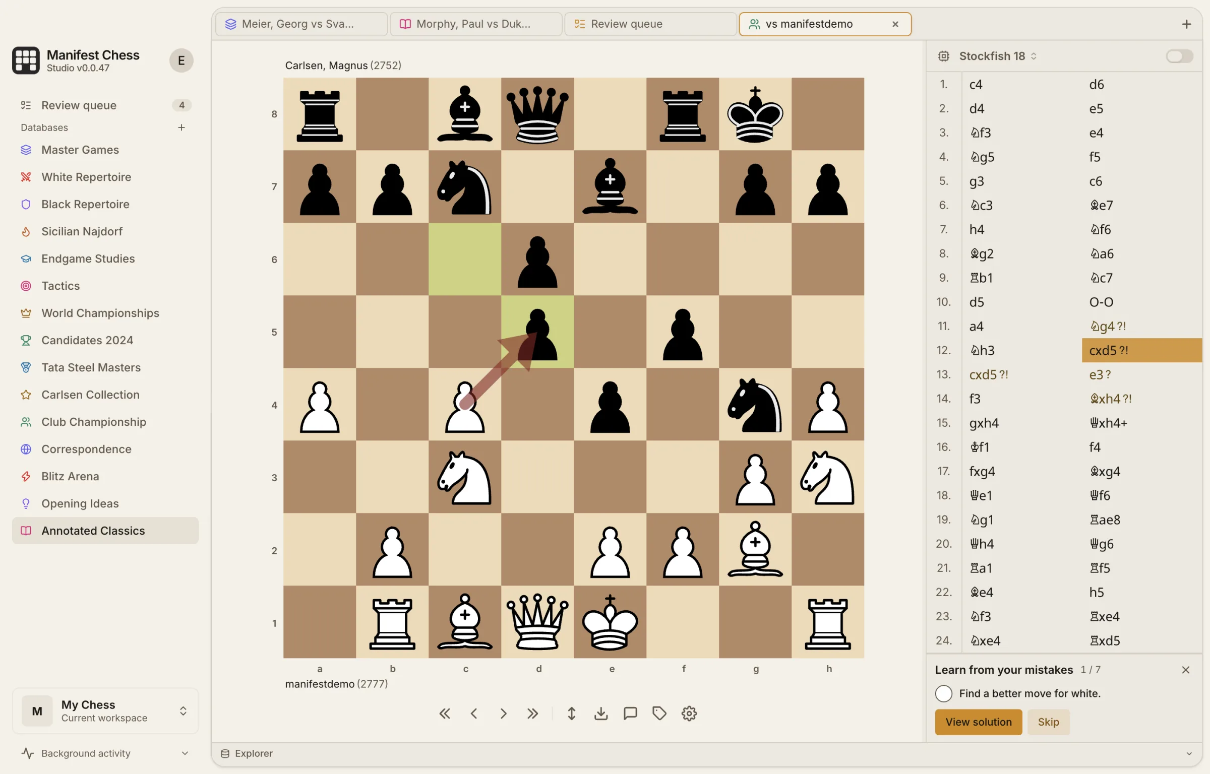 Game review in Manifest Chess Studio paused at a critical moment, asking for the better move