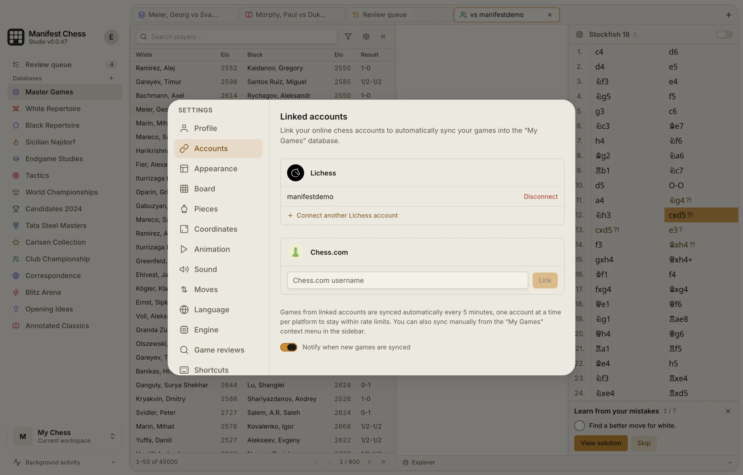 Linked Lichess and Chess.com accounts in Manifest Chess Studio with newly synced games queued for review